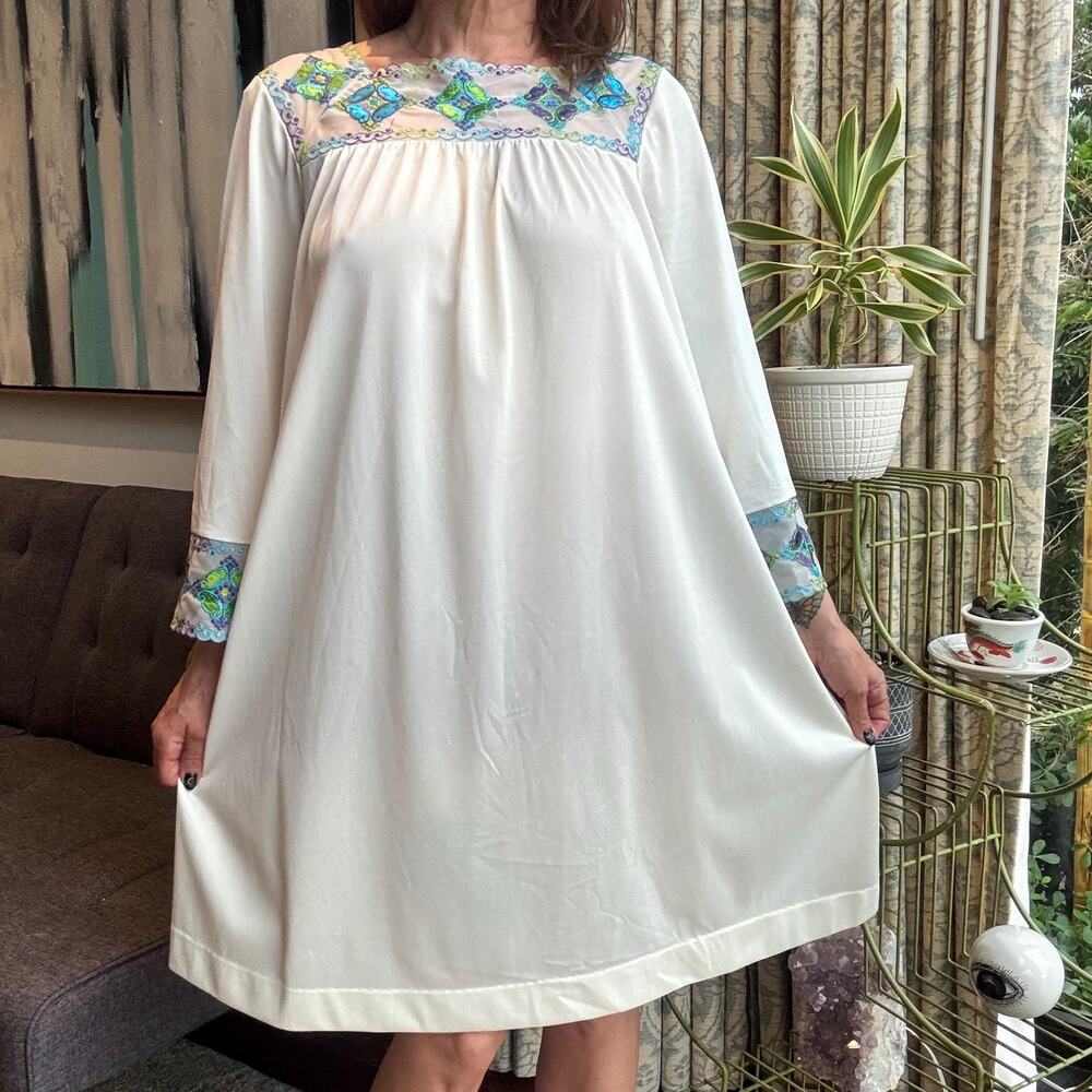 1960s Mod Square Neck Nylon Nightgown Bright Jewel Tone Embroidery S/M